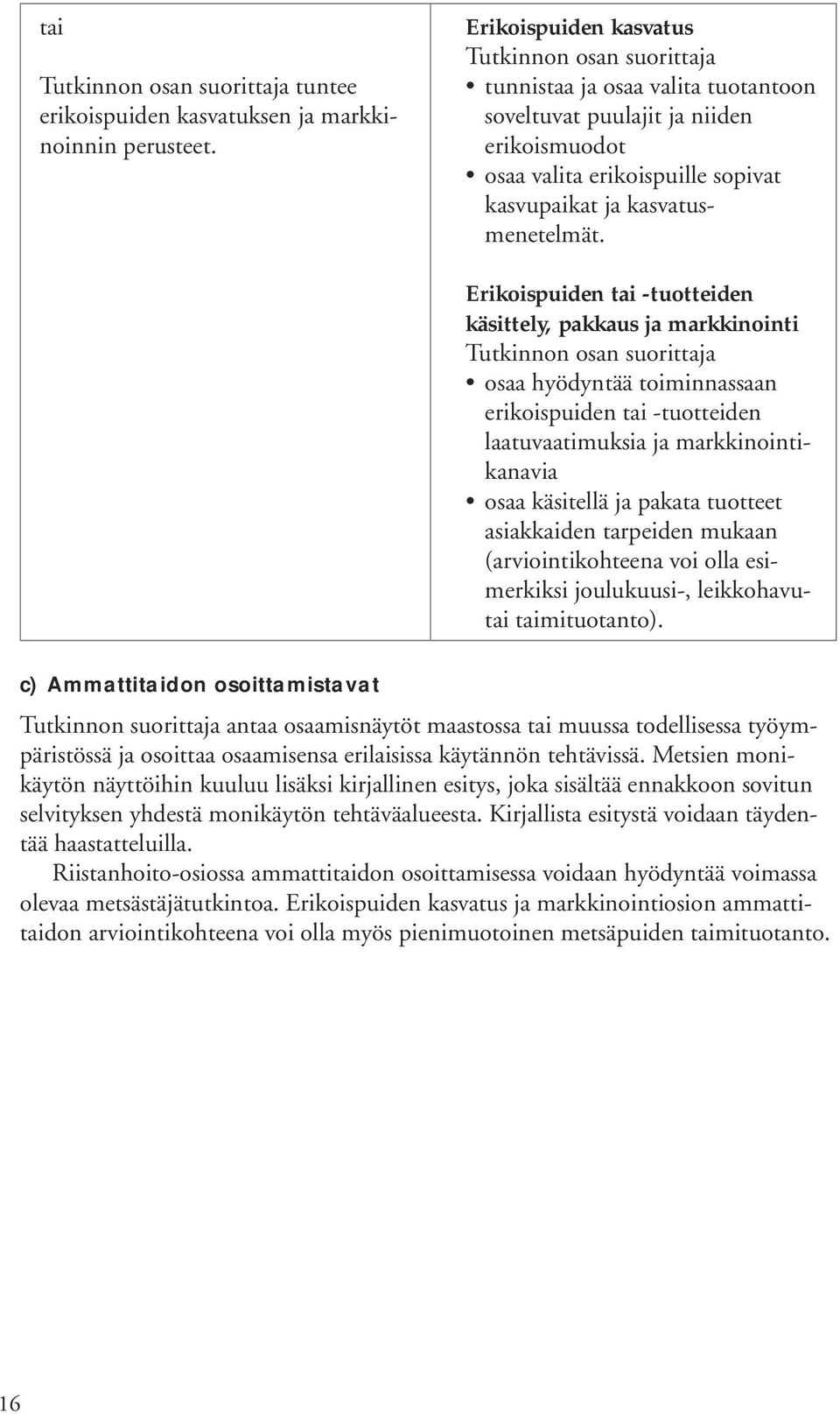 Erikoispuiden tai -tuotteiden käsittely, pakkaus ja markkinointi osaa hyödyntää toiminnassaan erikoispuiden tai -tuotteiden laatuvaatimuksia ja markkinointikanavia osaa käsitellä ja pakata tuotteet