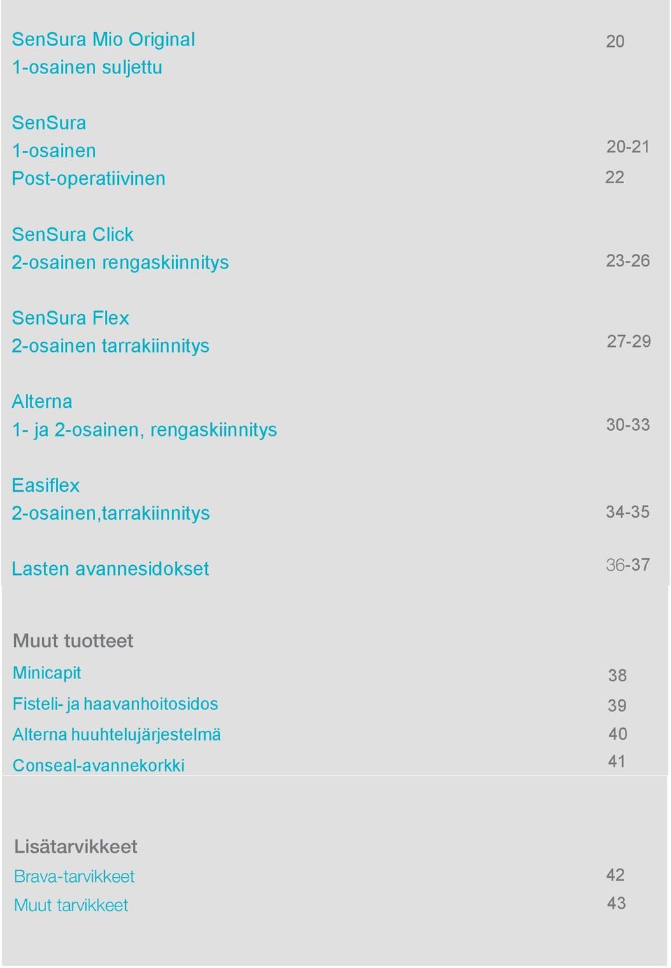 Easiflex 2-osainen,tarrakiinnitys 34-35 Lasten avannesidokset 36-37 Muut tuotteet Minicapit Fisteli- ja