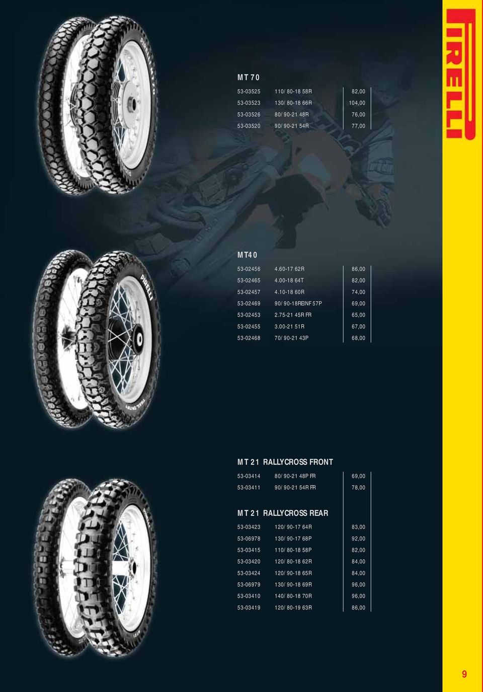 00-21 51R 67,00 53-02468 70/90-21 43P 68,00 MT 21 RALLYCROSS FRONT 53-03414 80/90-21 48P FR 69,00 53-03411 90/90-21 54R FR 78,00 MT 21 RALLYCROSS REAR 53-03423