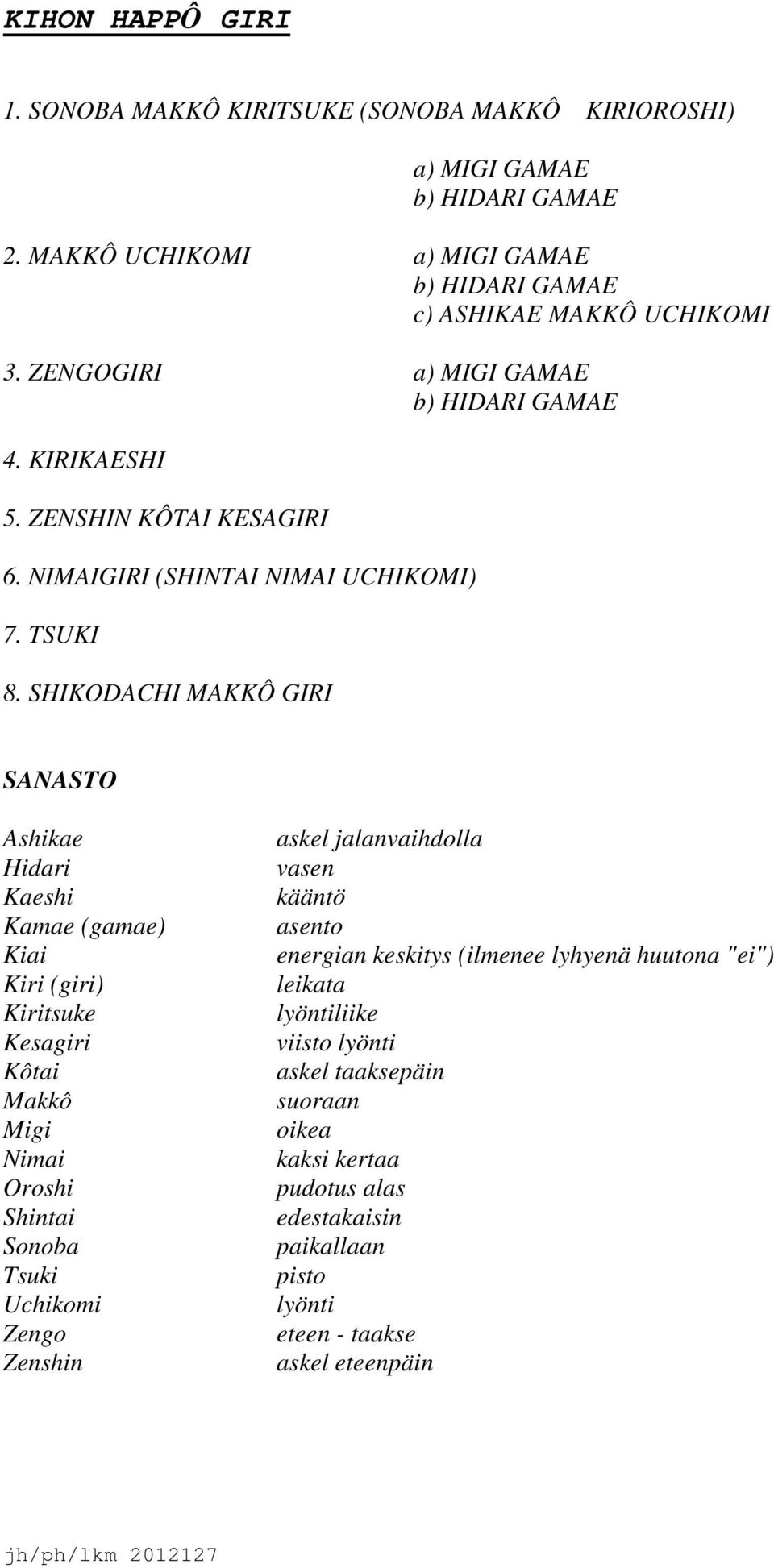 SHIKODACHI MAKKÔ GIRI SANASTO Ashikae Hidari Kaeshi Kamae (gamae) Kiai Kiri (giri) Kiritsuke Kesagiri Kôtai Makkô Migi Nimai Oroshi Shintai Sonoba Tsuki Uchikomi Zengo Zenshin askel