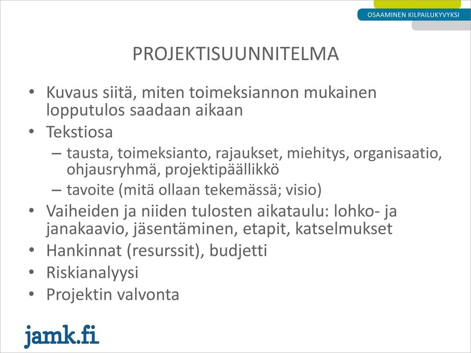 projektipäällikkö tavoite (mitä ollaan tekemässä; visio) Vaiheiden ja niiden tulosten aikataulu: