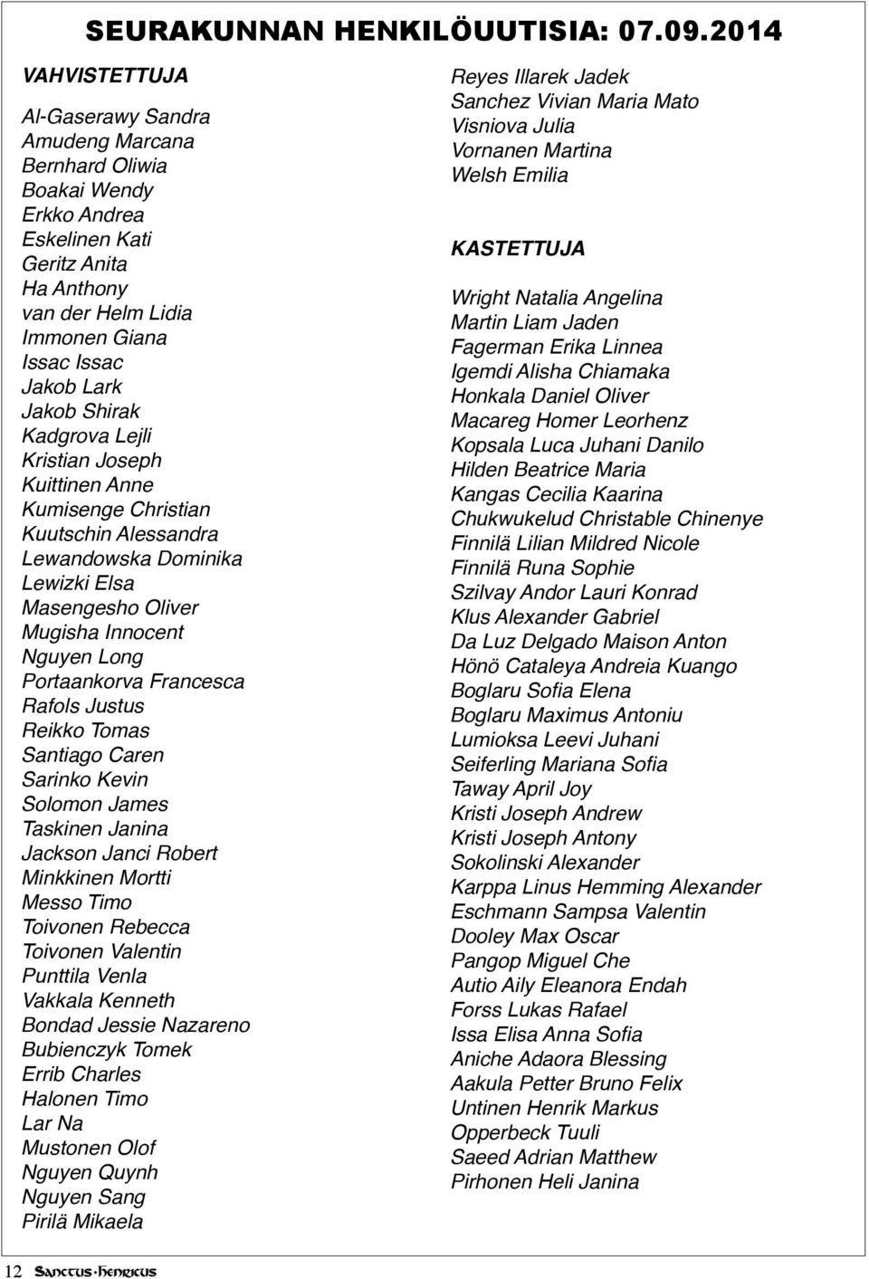 Shirak Kadgrova Lejli Kristian Joseph Kuittinen Anne Kumisenge Christian Kuutschin Alessandra Lewandowska Dominika Lewizki Elsa Masengesho Oliver Mugisha Innocent Nguyen Long Portaankorva Francesca