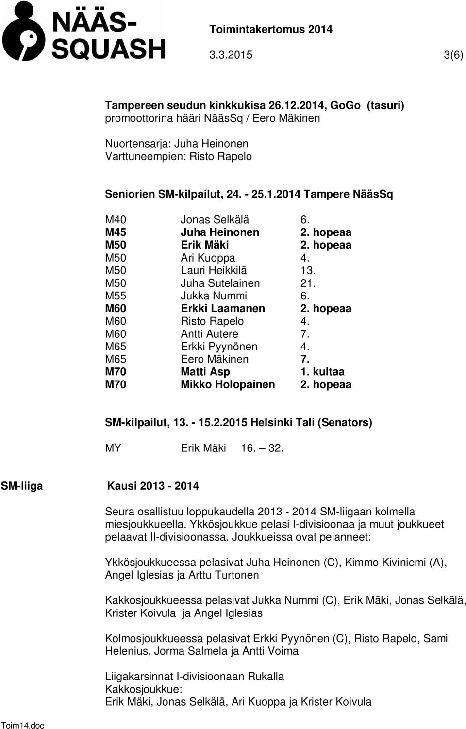 hopeaa M60 Risto Rapelo 4. M60 Antti Autere 7. M65 Erkki Pyynönen 4. M65 Eero Mäkinen 7. M70 Matti Asp 1. kultaa M70 Mikko Holopainen 2. hopeaa SM-kilpailut, 13. - 15.2.2015 Helsinki Tali (Senators) MY Erik Mäki 16.