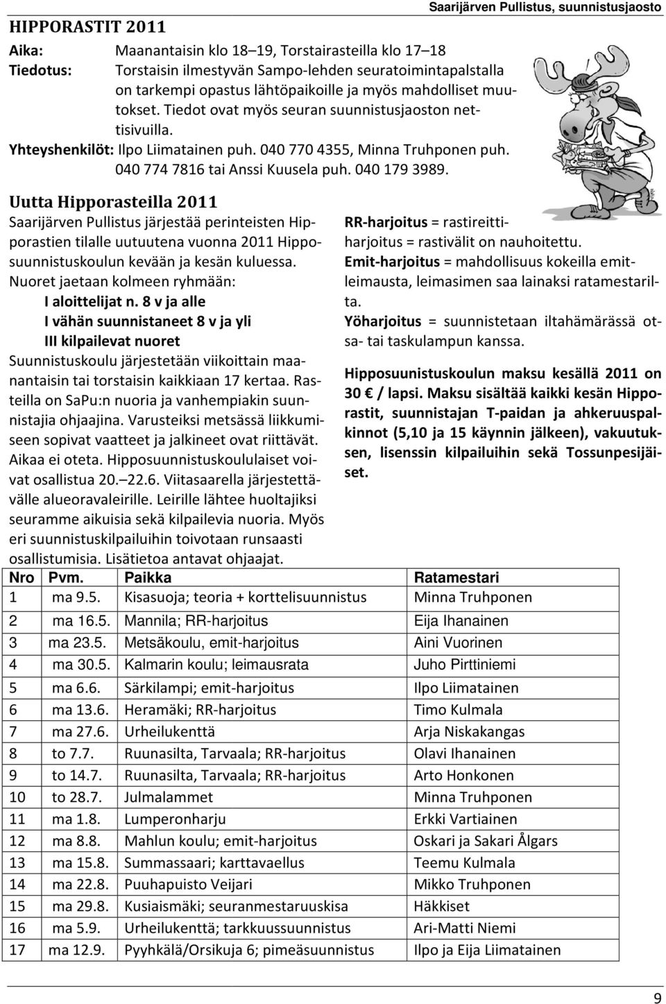 Uutta Hipporasteilla 2011 Saarijärven Pullistus järjestää perinteisten Hipporastien tilalle uutuutena vuonna 2011 Hipposuunnistuskoulun kevään ja kesän kuluessa.