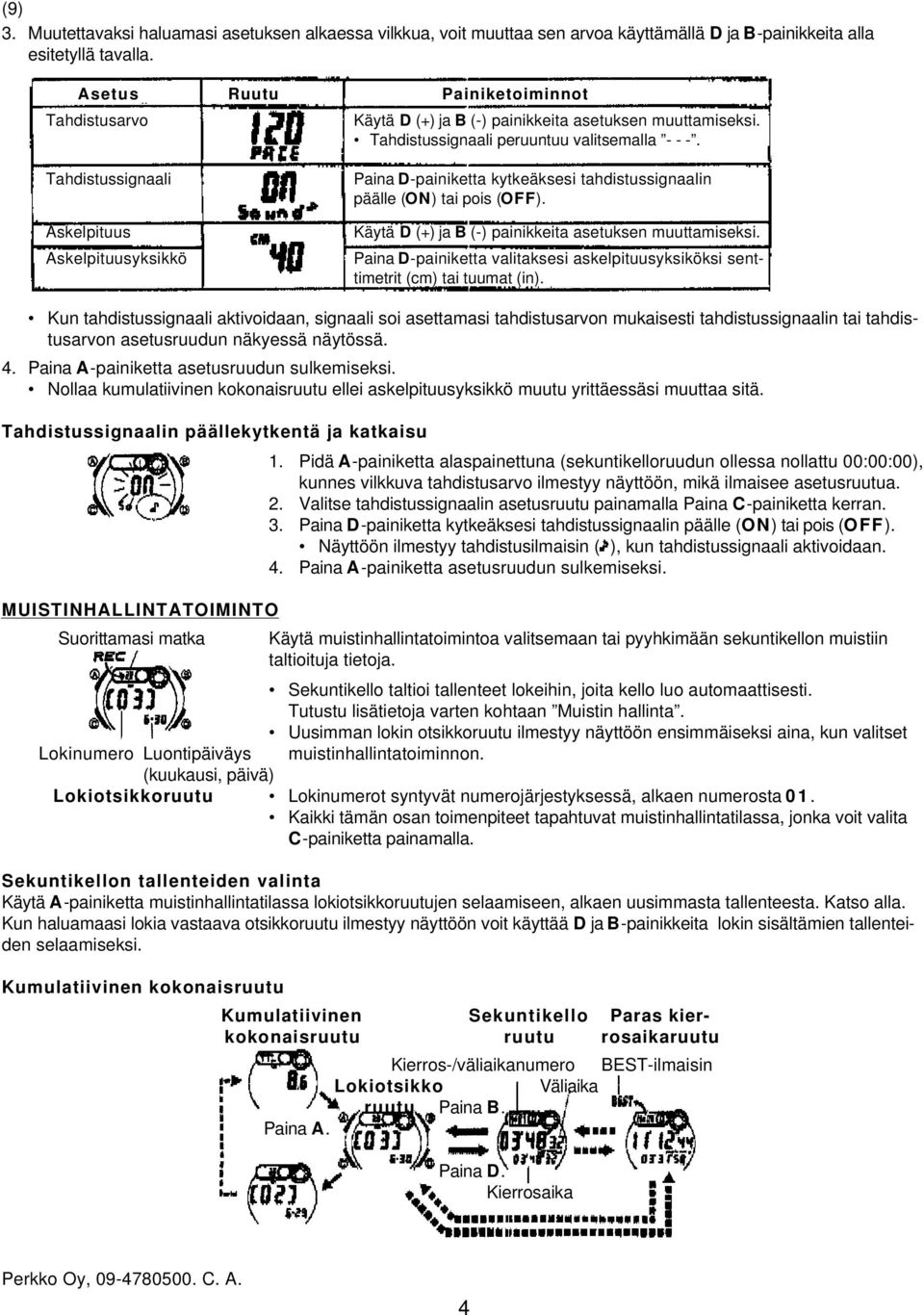 Tahdistussignaali Askelpituus Askelpituusyksikkö Paina D-painiketta kytkeäksesi tahdistussignaalin päälle (ON) tai pois (OFF). Käytä D (+) ja B (-) painikkeita asetuksen muuttamiseksi.