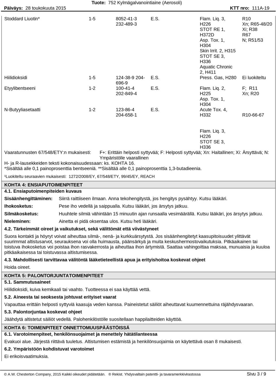 2, H225 Asp. Tox. 1, H304 Acute Tox. 4, H332 F; R11 Xn; R20 R10-66-67 Flam. Liq.