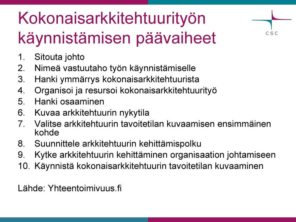 Kuvaa arkkitehtuurin nykytila 7. Valitse arkkitehtuurin tavoitetilan kuvaamisen ensimmäinen kohde 8.