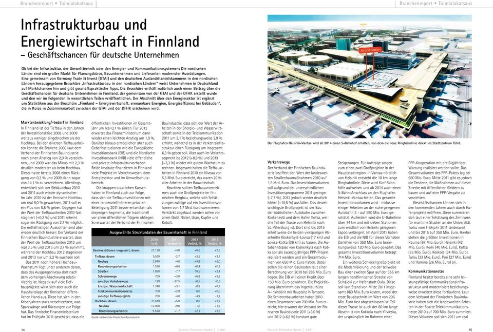 Eine gemeinsam von Germany Trade & Invest (GTAI) und den deutschen Auslandshandelskammern in den nordischen Ländern herausgegebene Broschüre Infrastrukturbau in den nordischen Ländern weist