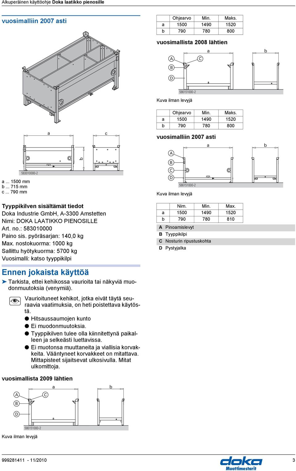 nostokuorm: 1000 kg Sllittu hyötykuorm: 5700 kg Vuosimlli: ktso tyyppikilpi Kuv ilmn levyjä Nim. Min. Mx.