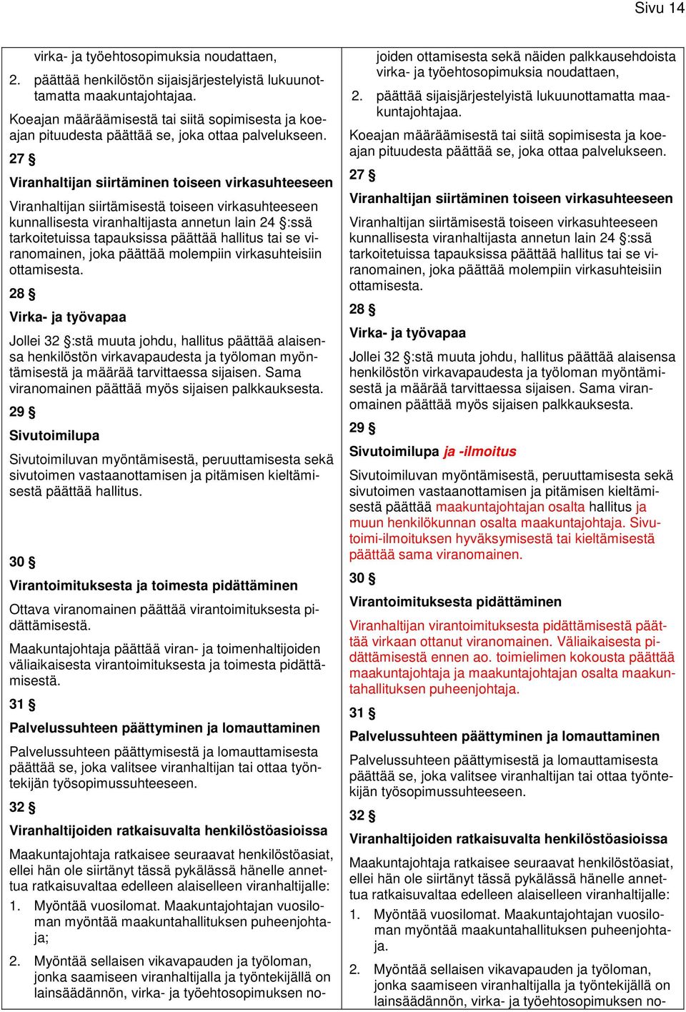 27 Viranhaltijan siirtäminen toiseen virkasuhteeseen Viranhaltijan siirtämisestä toiseen virkasuhteeseen kunnallisesta viranhaltijasta annetun lain 24 :ssä tarkoitetuissa tapauksissa päättää hallitus