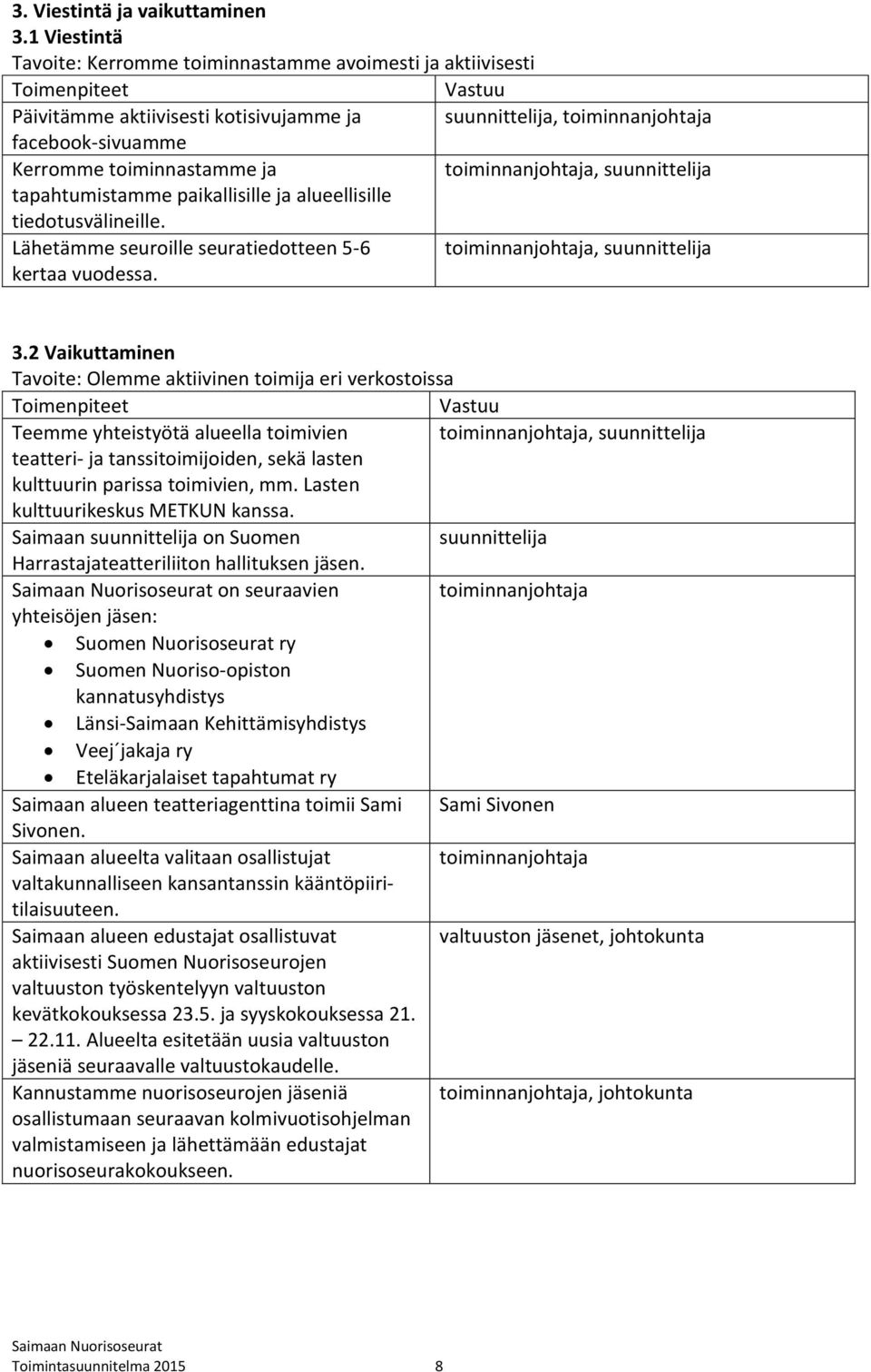 tapahtumistamme paikallisille ja alueellisille tiedotusvälineille. Lähetämme seuroille seuratiedotteen 5-6, suunnittelija kertaa vuodessa. 3.