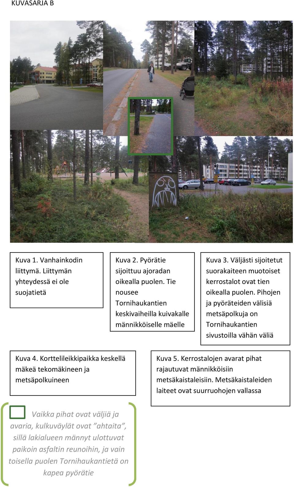 Pihojen ja pyöräteiden välisiä metsäpolkuja on Tornihaukantien sivustoilla vähän väliä Kuva 4. Korttelileikkipaikka keskellä mäkeä tekomäkineen ja metsäpolkuineen Kuva 5.