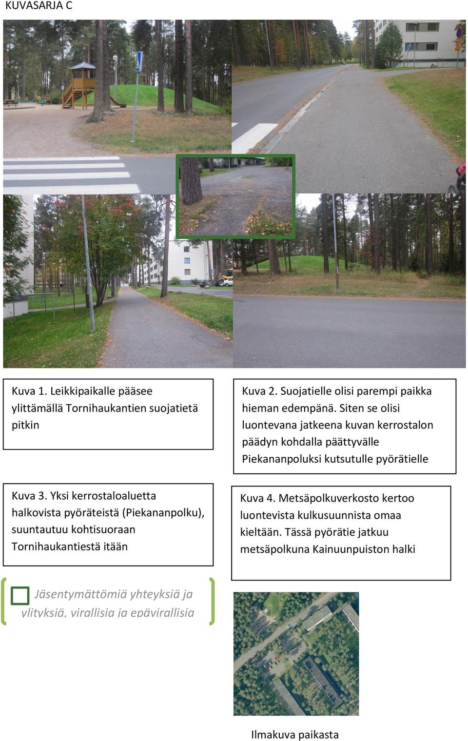 Yksi kerrostaloaluetta halkovista pyöräteistä (Piekananpolku), suuntautuu kohtisuoraan Tornihaukantiestä itään Kuva 4.