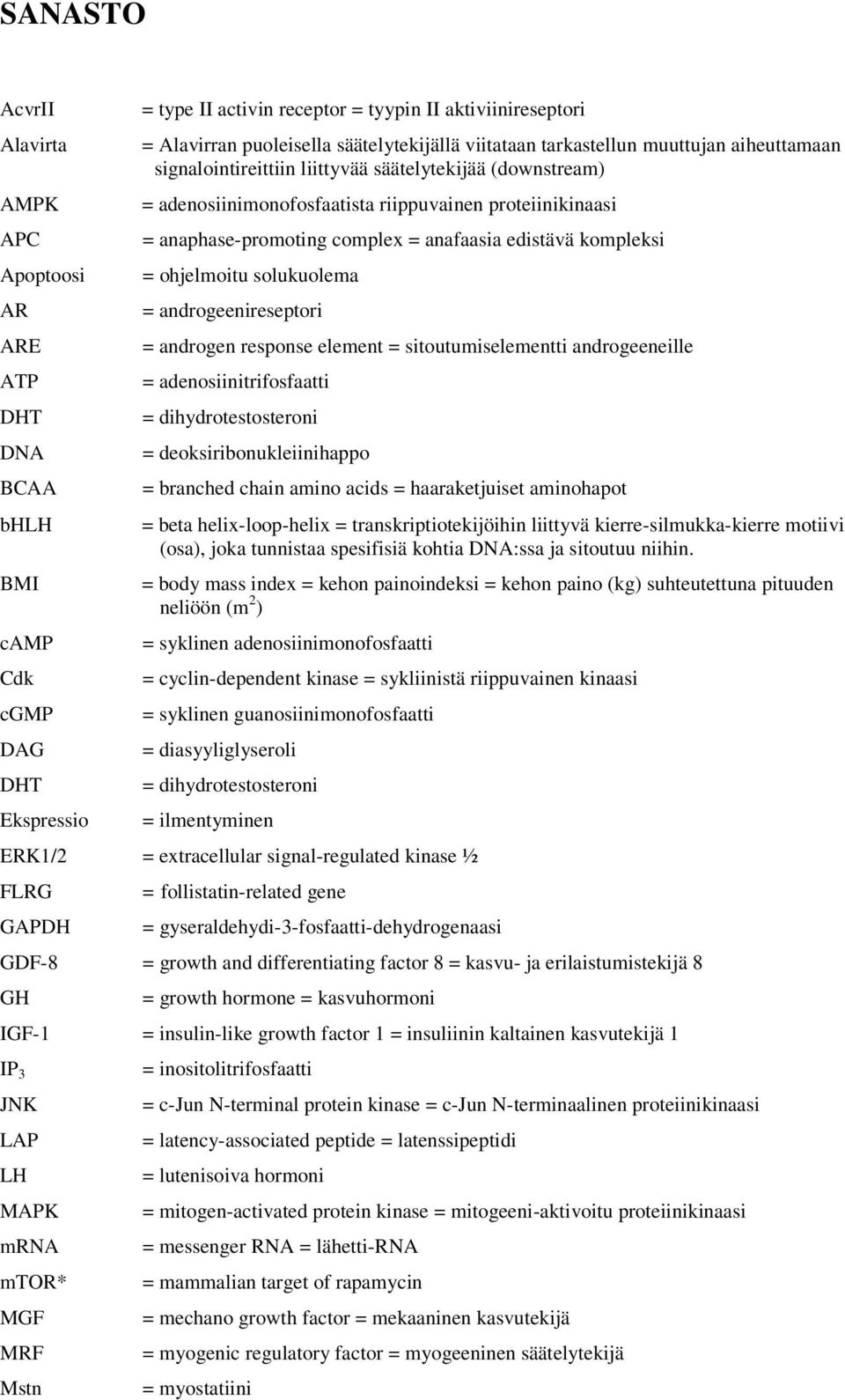 anaphase-promoting complex = anafaasia edistävä kompleksi = ohjelmoitu solukuolema = androgeenireseptori = androgen response element = sitoutumiselementti androgeeneille = adenosiinitrifosfaatti =