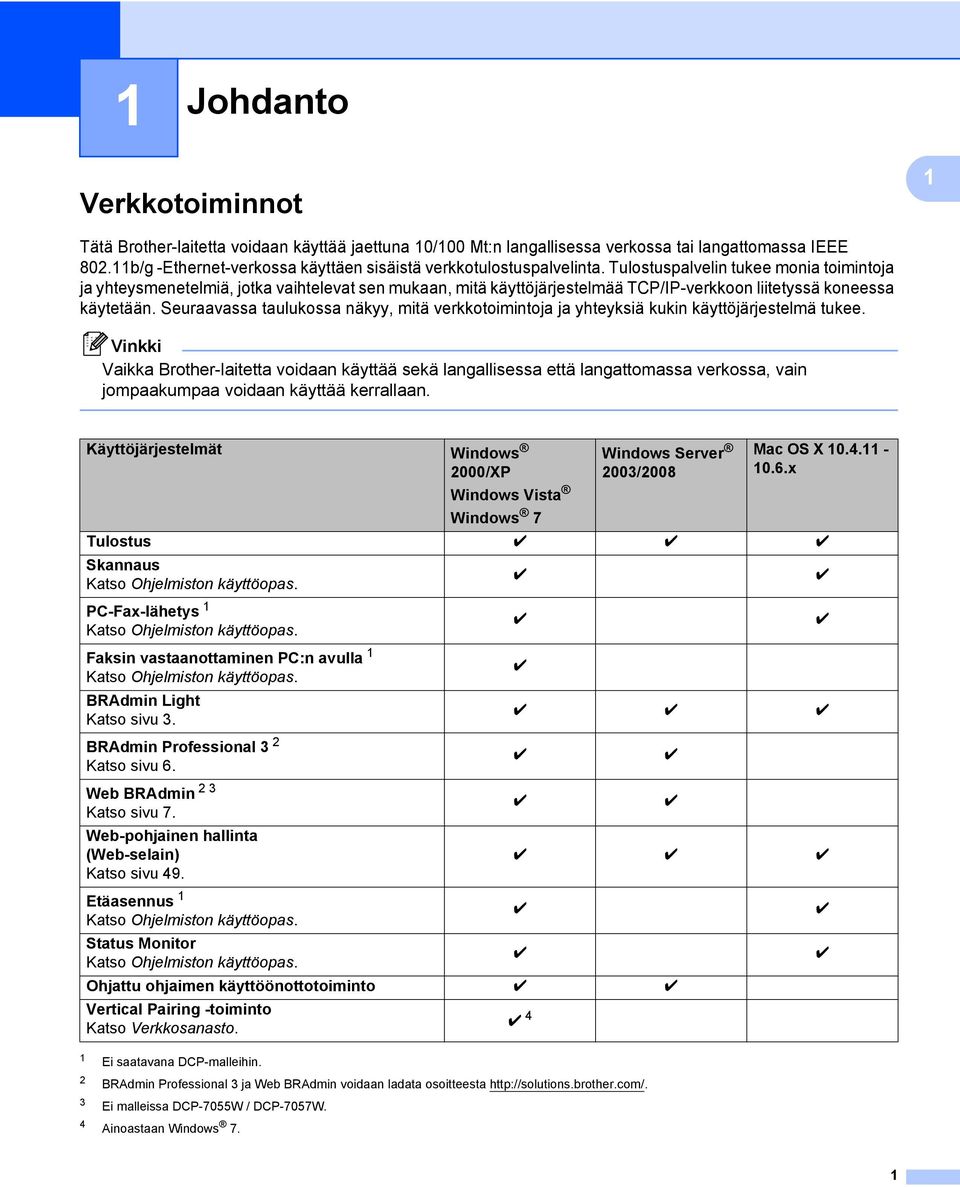 Tulostuspalvelin tukee monia toimintoja ja yhteysmenetelmiä, jotka vaihtelevat sen mukaan, mitä käyttöjärjestelmää TCP/IP-verkkoon liitetyssä koneessa käytetään.