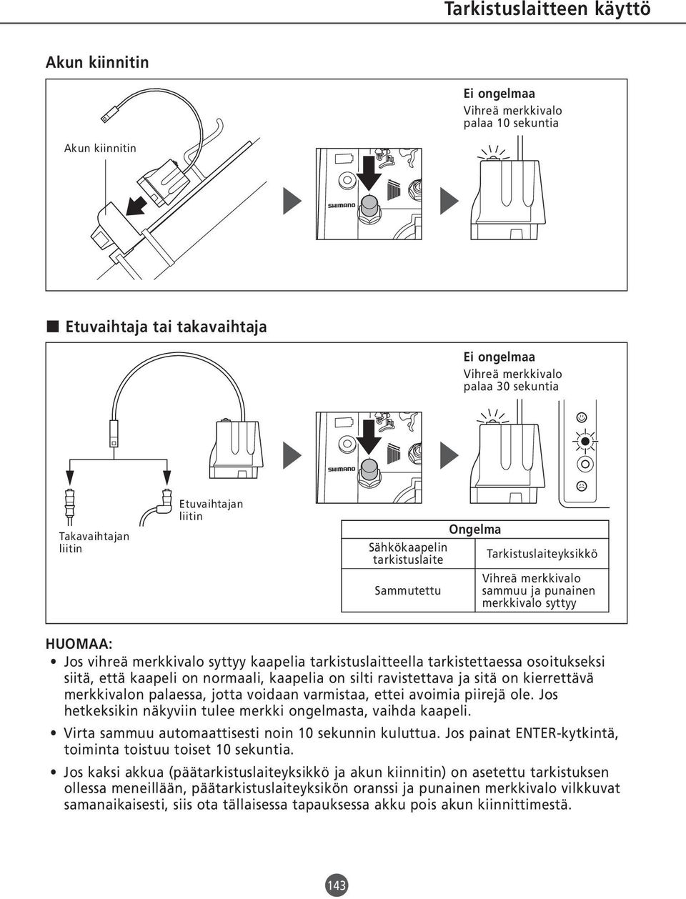 tarkistuslaitteella tarkistettaessa osoitukseksi siitä, että kaapeli on normaali, kaapelia on silti ravistettava ja sitä on kierrettävä merkkivalon palaessa, jotta voidaan varmistaa, ettei avoimia