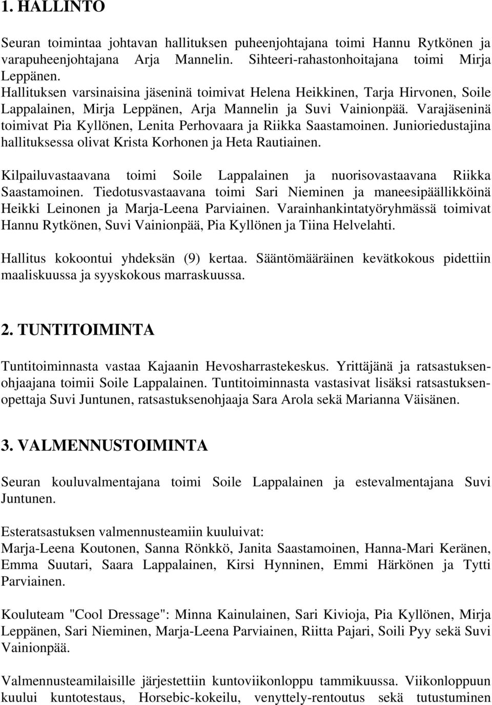 Varajäseninä toimivat Pia Kyllönen, Lenita Perhovaara ja Riikka Saastamoinen. Junioriedustajina hallituksessa olivat Krista Korhonen ja Heta Rautiainen.