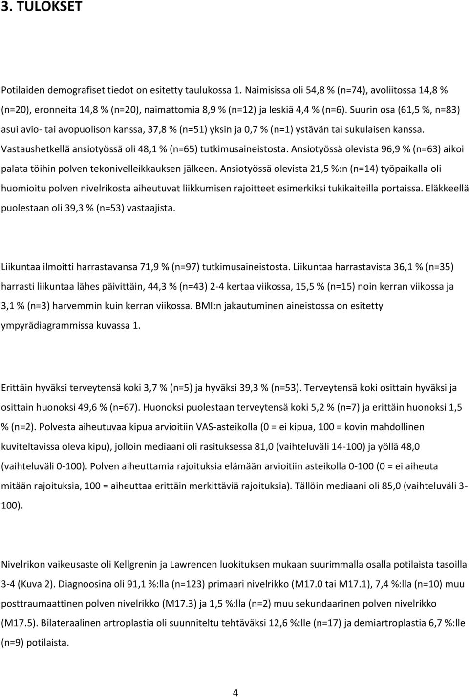 Ansiotyössä olevista 96,9 % (n=63) aikoi palata töihin polven tekonivelleikkauksen jälkeen.