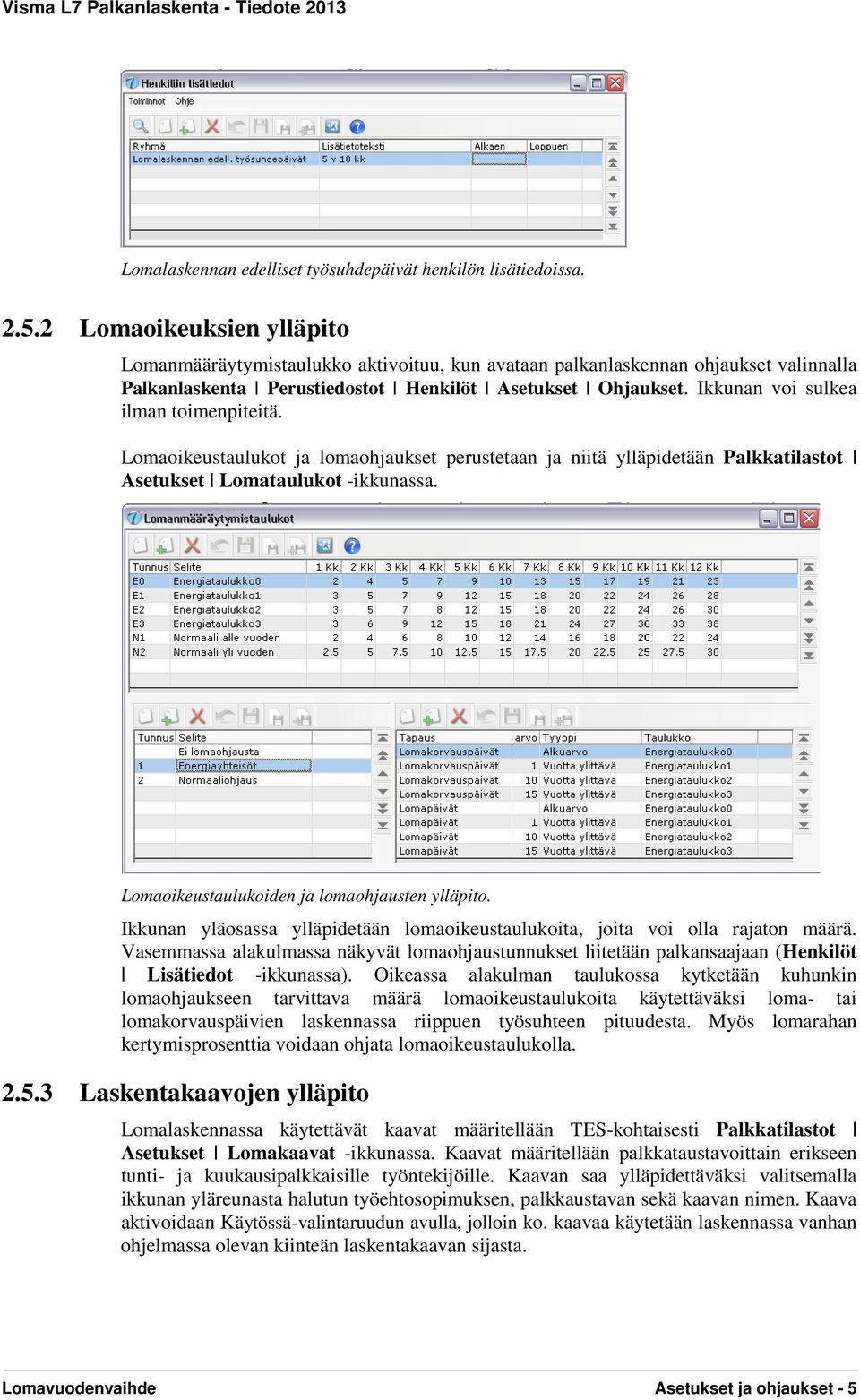 Ikkunan voi sulkea ilman toimenpiteitä. Lomaoikeustaulukot ja lomaohjaukset perustetaan ja niitä ylläpidetään Palkkatilastot Asetukset Lomataulukot -ikkunassa.