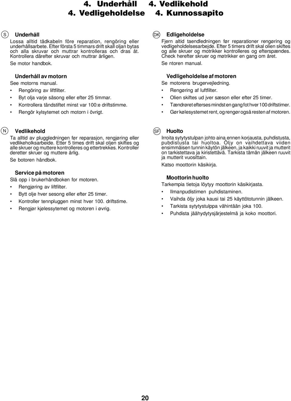 Underhåll av motorn ee motorns manual. Rengöring av liftfilter. Byt olja varje säsong eller efter 25 timmar. Kontrollera tändstiftet minst var 100:e driftstimme. Rengör kylsytemet och motorn i övrigt.