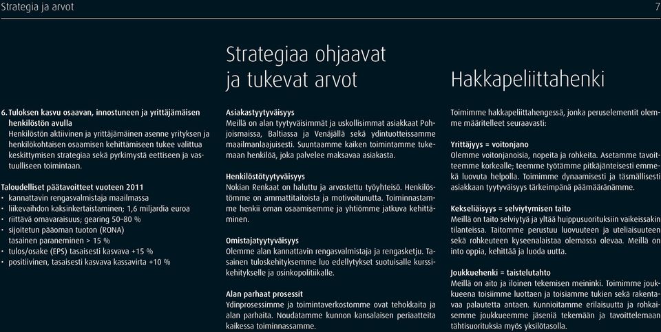 keskittymisen strategiaa sekä pyrkimystä eettiseen ja vastuulliseen toimintaan.