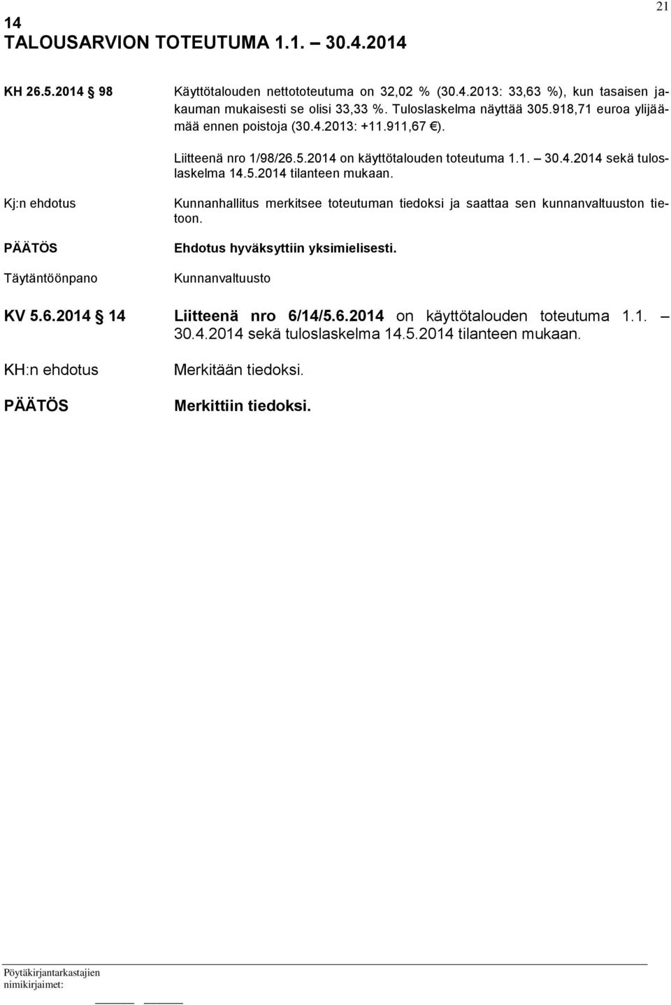 5.2014 tilanteen mukaan. Kj:n ehdotus Kunnanhallitus merkitsee toteutuman tiedoksi ja saattaa sen kunnanvaltuuston tietoon. KV 5.6.
