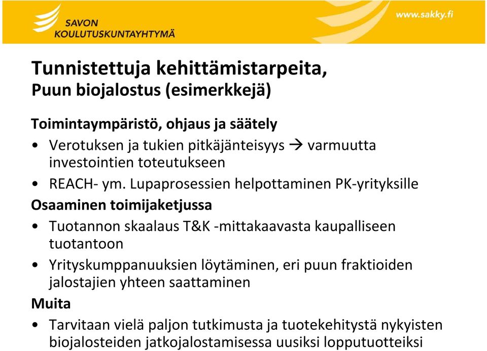 Lupaprosessien helpottaminen PK yrityksille Osaaminen toimijaketjussa Tuotannon skaalaus T&K mittakaavasta kaupalliseen tuotantoon