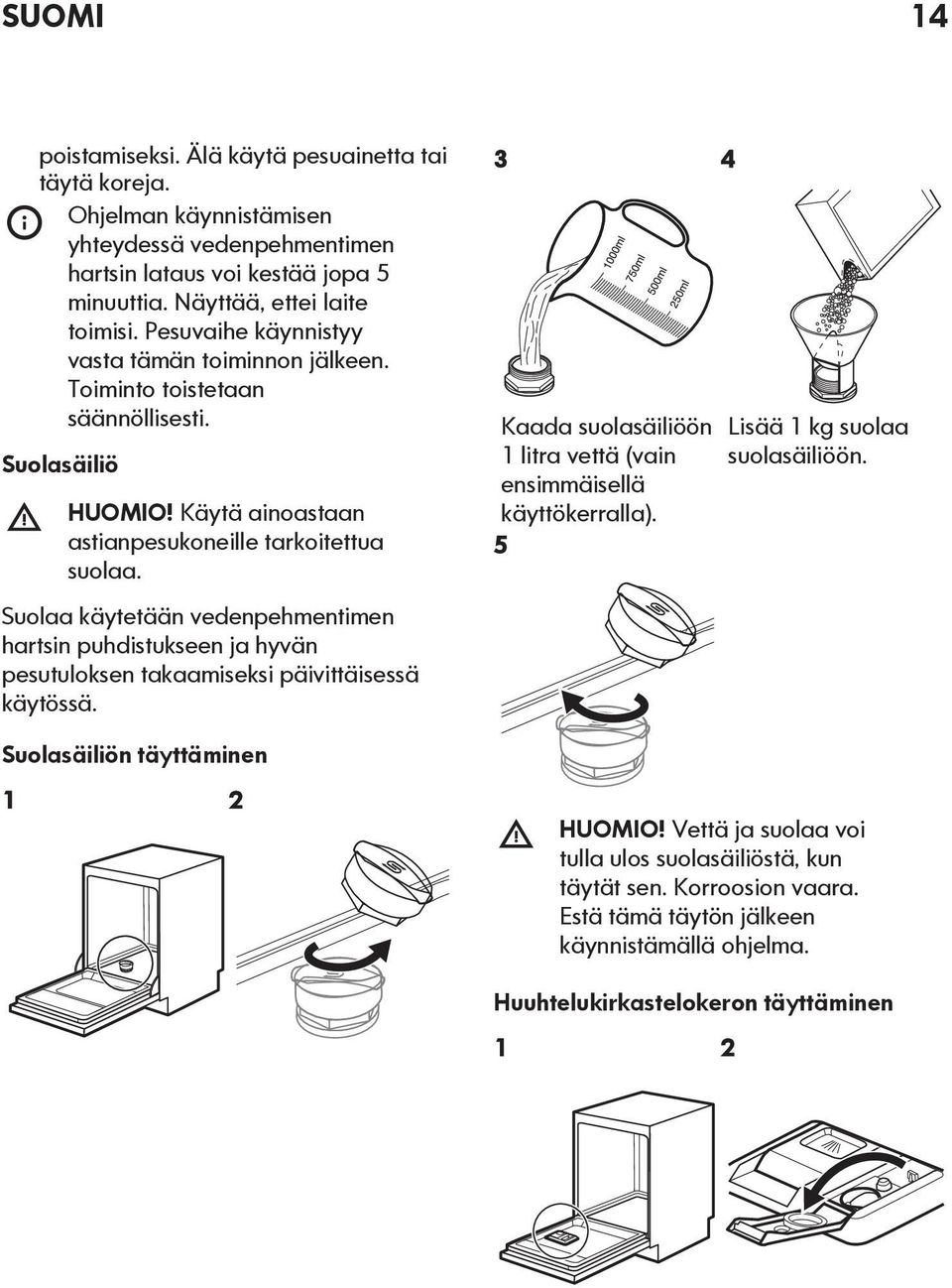 Suolaa käytetään vedenpehmentimen hartsin puhdistukseen ja hyvän pesutuloksen takaamiseksi päivittäisessä käytössä. 3 Kaada suolasäiliöön 1 litra vettä (vain ensimmäisellä käyttökerralla).