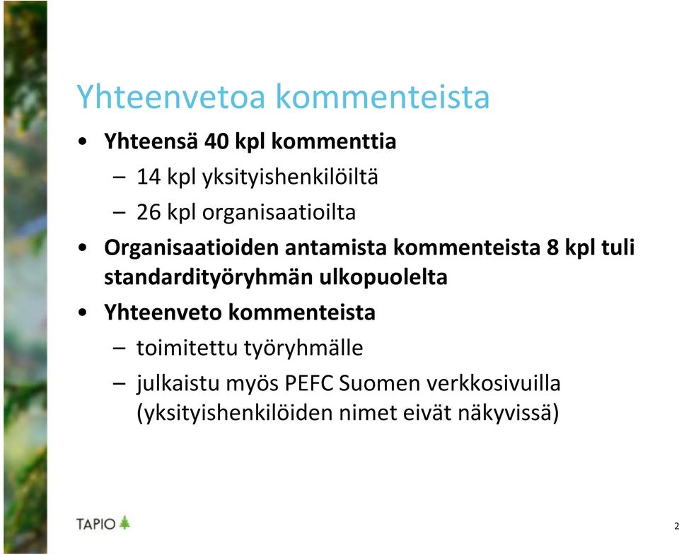 standardityöryhmän ulkopuolelta Yhteenveto kommenteista toimitettu