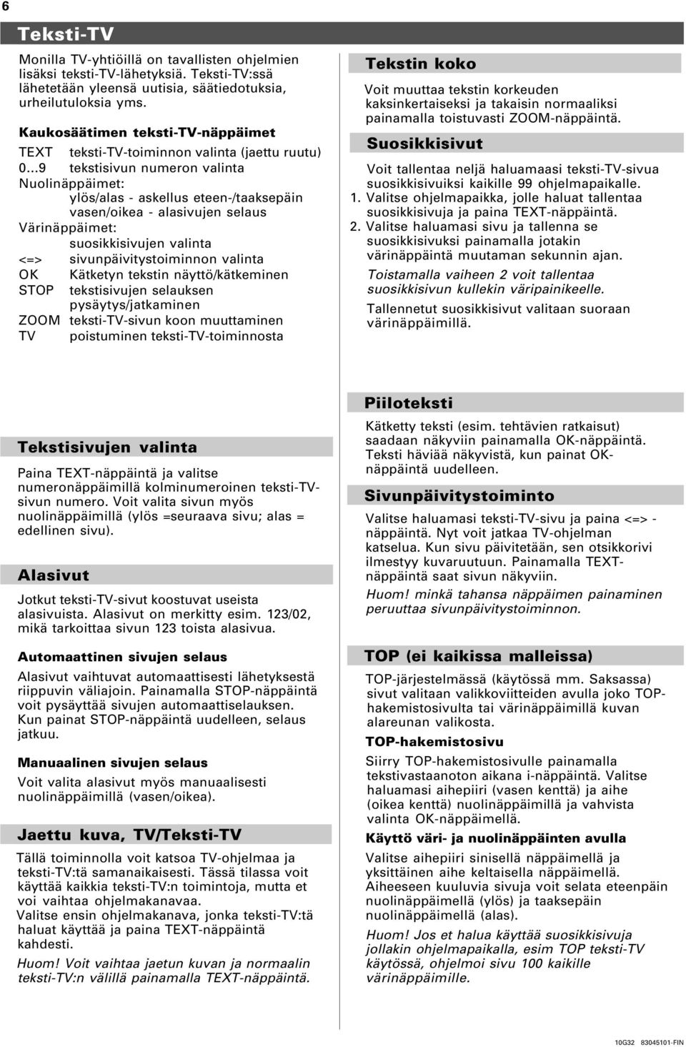 ..9 tekstisivun numeron valinta Nuolinäppäimet: ylös/alas - askellus eteen-/taaksepäin vasen/oikea - alasivujen selaus Värinäppäimet: suosikkisivujen valinta <=> sivunpäivitystoiminnon valinta OK