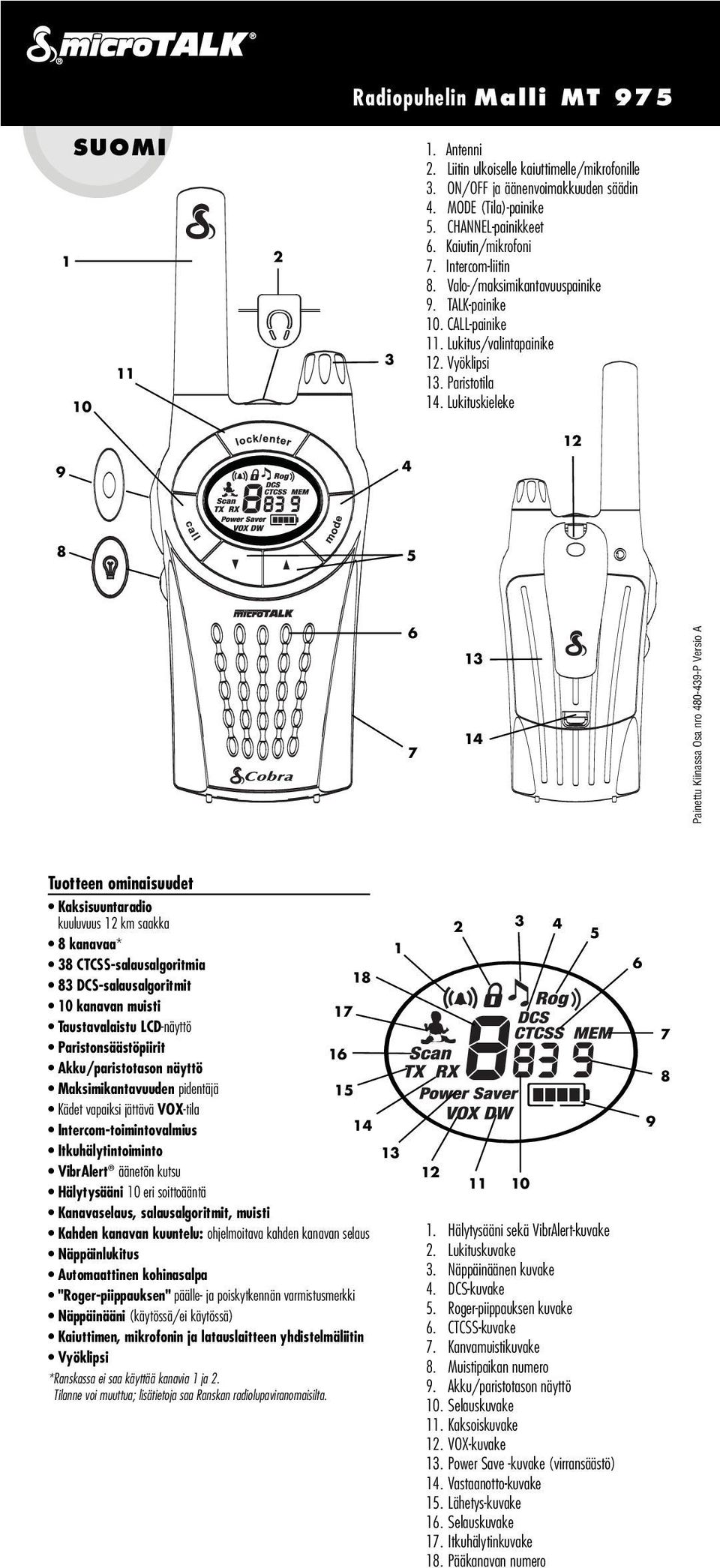 Lukituskieleke 9 4 12 8 5 6 7 13 14 Painettu Kiinassa Osa nro 480-439-P Versio A Tuotteen ominaisuudet Kaksisuuntaradio kuuluvuus 12 km saakka 8 kanavaa* 38 CTCSS-salausalgoritmia 18 83