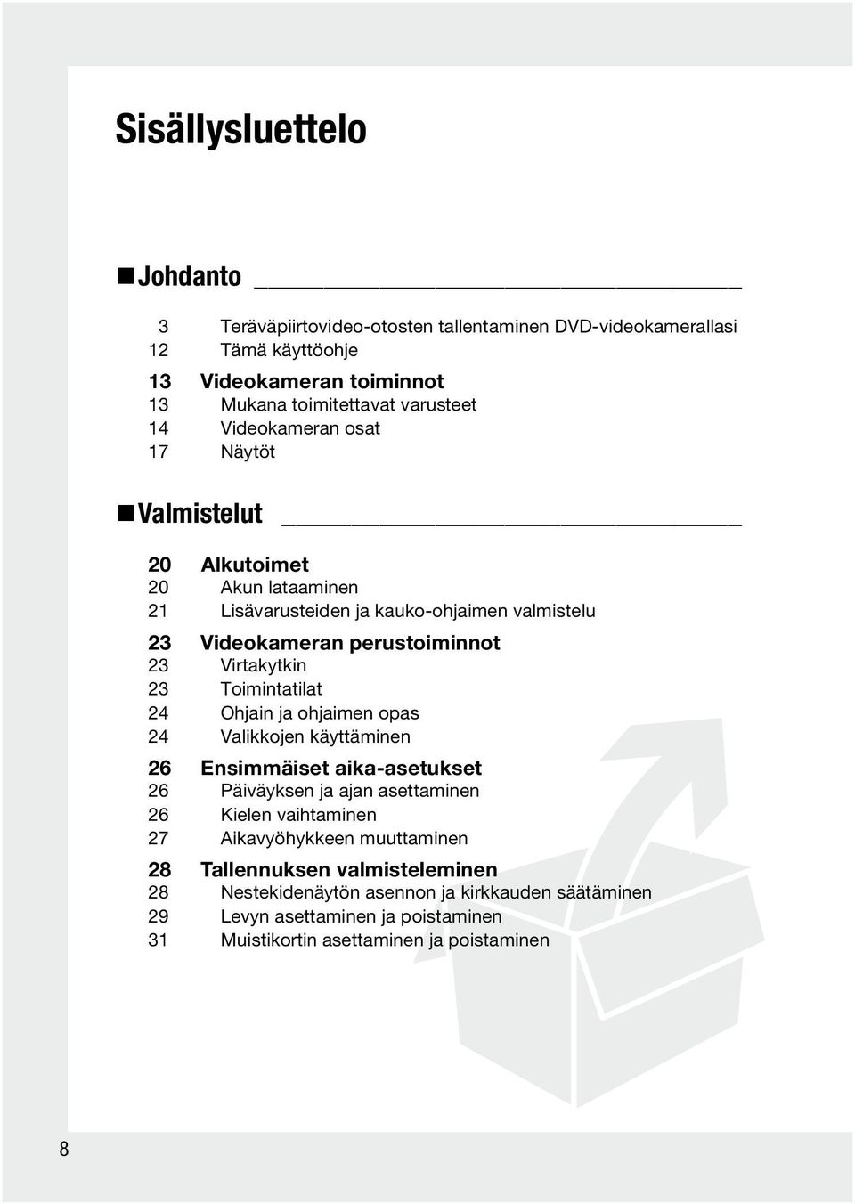 Toimintatilat 24 Ohjain ja ohjaimen opas 24 Valikkojen käyttäminen 26 Ensimmäiset aika-asetukset 26 Päiväyksen ja ajan asettaminen 26 Kielen vaihtaminen 27 Aikavyöhykkeen