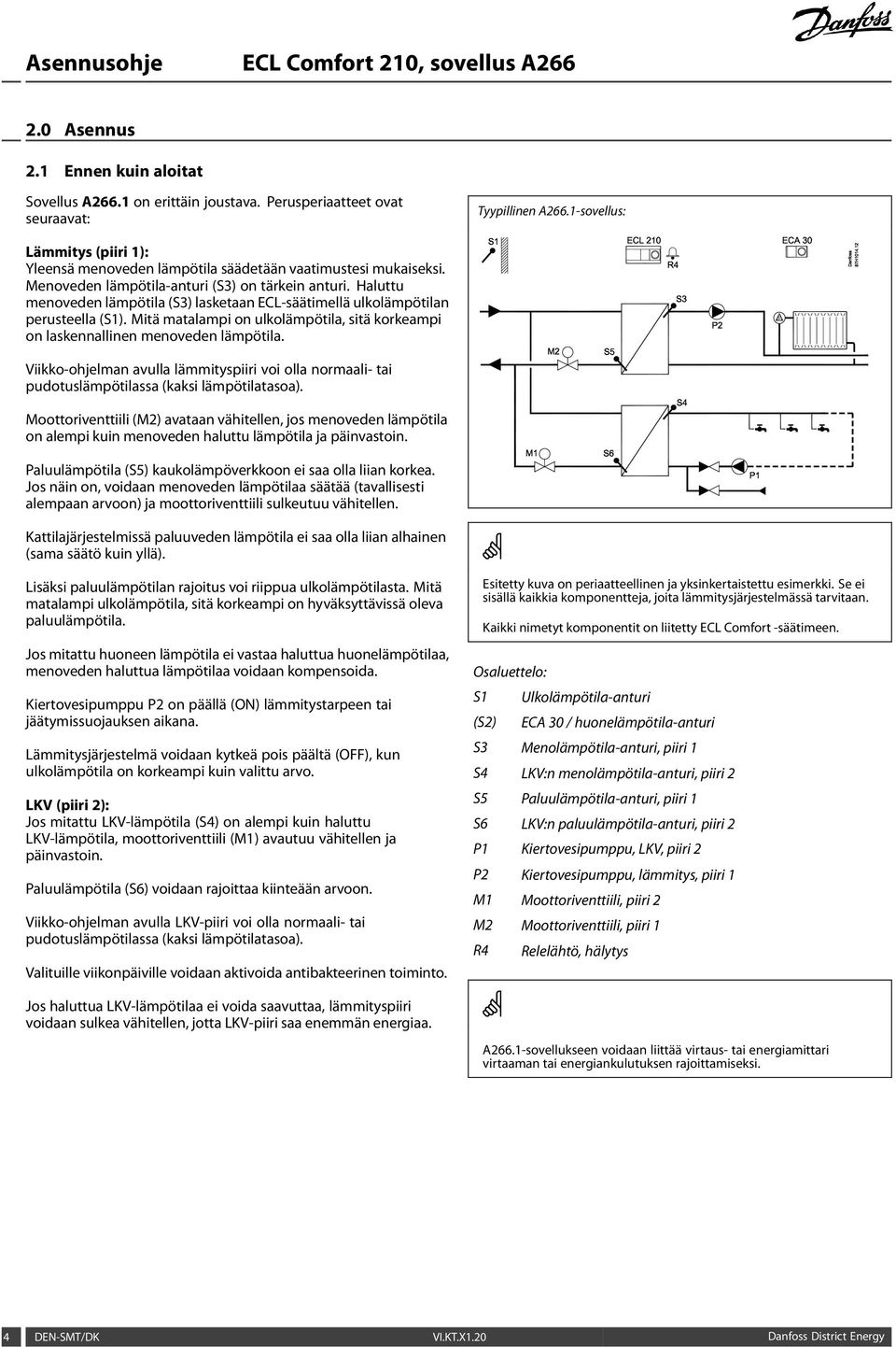 Haluttu menoveden lämpötila (S3) lasketaan ECL-säätimellä ulkolämpötilan perusteella (S1). Mitä matalampi on ulkolämpötila, sitä korkeampi on laskennallinen menoveden lämpötila.