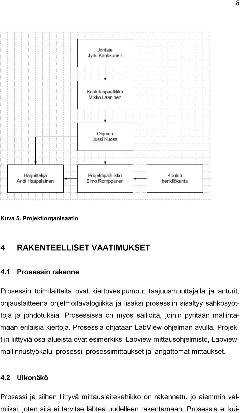 sähkösyöttöjä ja johdotuksia. Prosessissa on myös säiliöitä, joihin pyritään mallintamaan erilaisia kiertoja. Prosessia ohjataan LabView-ohjelman avulla.