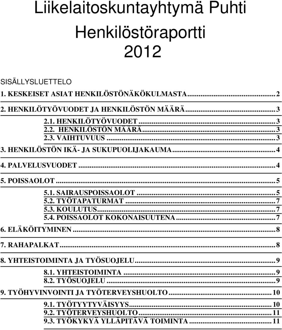 .. 5 5.2. TYÖTAPATURMAT... 7 5.3. KOULUTUS... 7 5.4. POISSAOLOT KOKONAISUUTENA... 7 6. ELÄKÖITYMINEN... 8 7. RAHAPALKAT... 8 8. YHTEISTOIMINTA JA TYÖSUOJELU... 9 8.1.