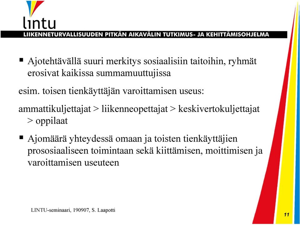toisen tienkäyttäjän varoittamisen useus: ammattikuljettajat > liikenneopettajat >