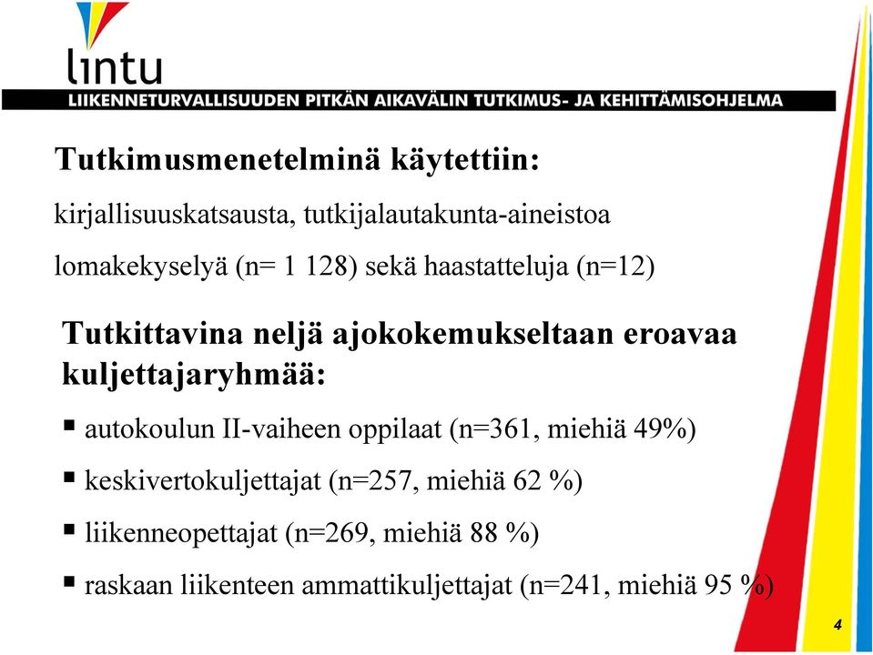 kuljettajaryhmää: autokoulun II-vaiheen oppilaat (n=361, miehiä 49%) keskivertokuljettajat