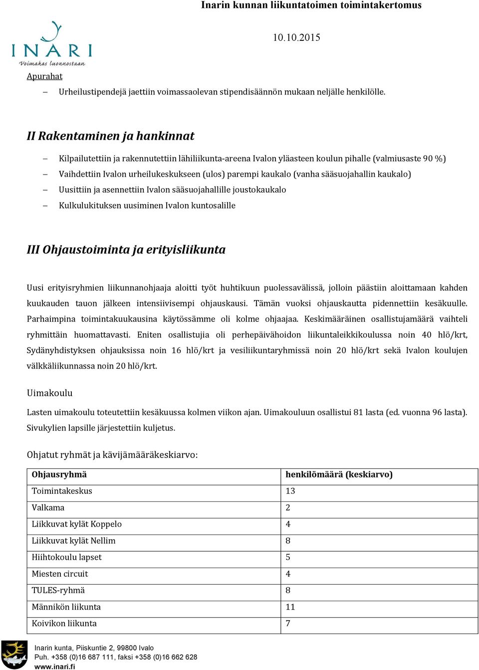 (vanha sääsuojahallin kaukalo) Uusittiin ja asennettiin Ivalon sääsuojahallille joustokaukalo Kulkulukituksen uusiminen Ivalon kuntosalille III Ohjaustoiminta ja erityisliikunta Uusi erityisryhmien