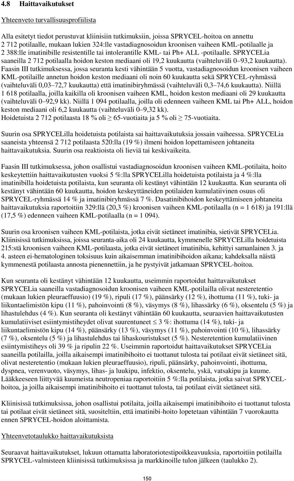 SPRYCELia saaneilla 2 712 potilaalla hoidon keston mediaani oli 19,2 kuukautta (vaihteluväli 0 93,2 kuukautta).