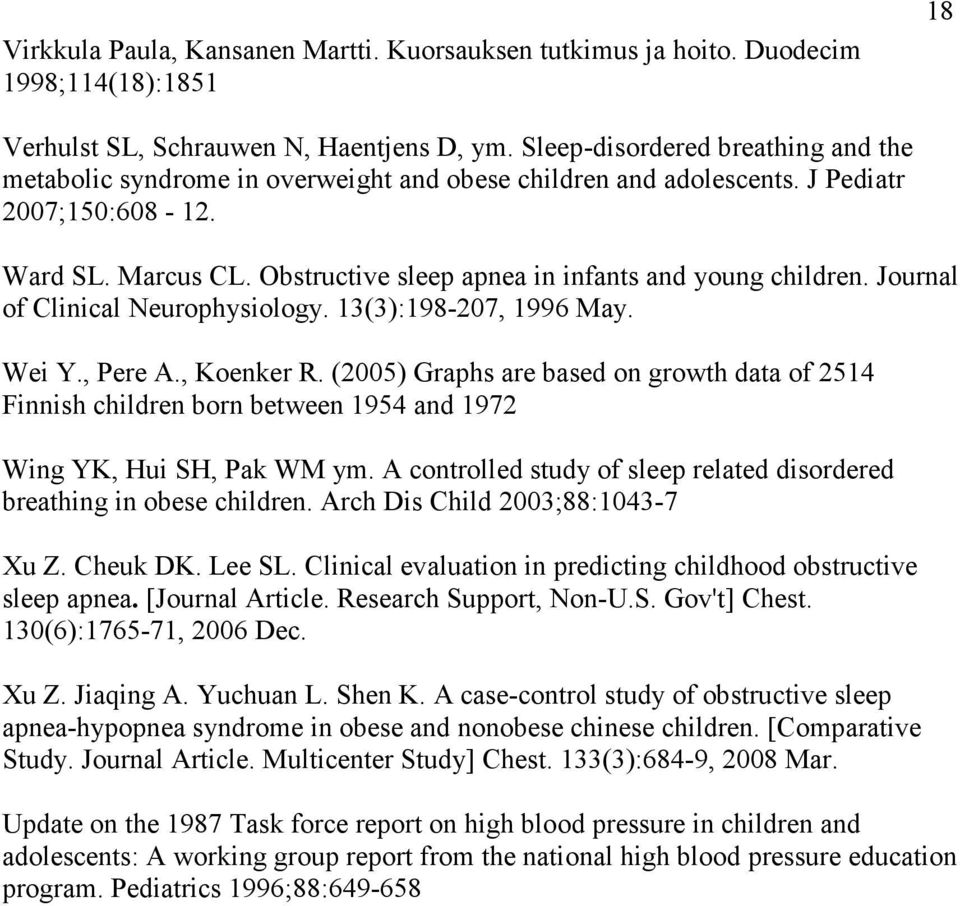 Obstructive sleep apnea in infants and young children. Journal of Clinical Neurophysiology. 13(3):198-207, 1996 May. Wei Y., Pere A., Koenker R.