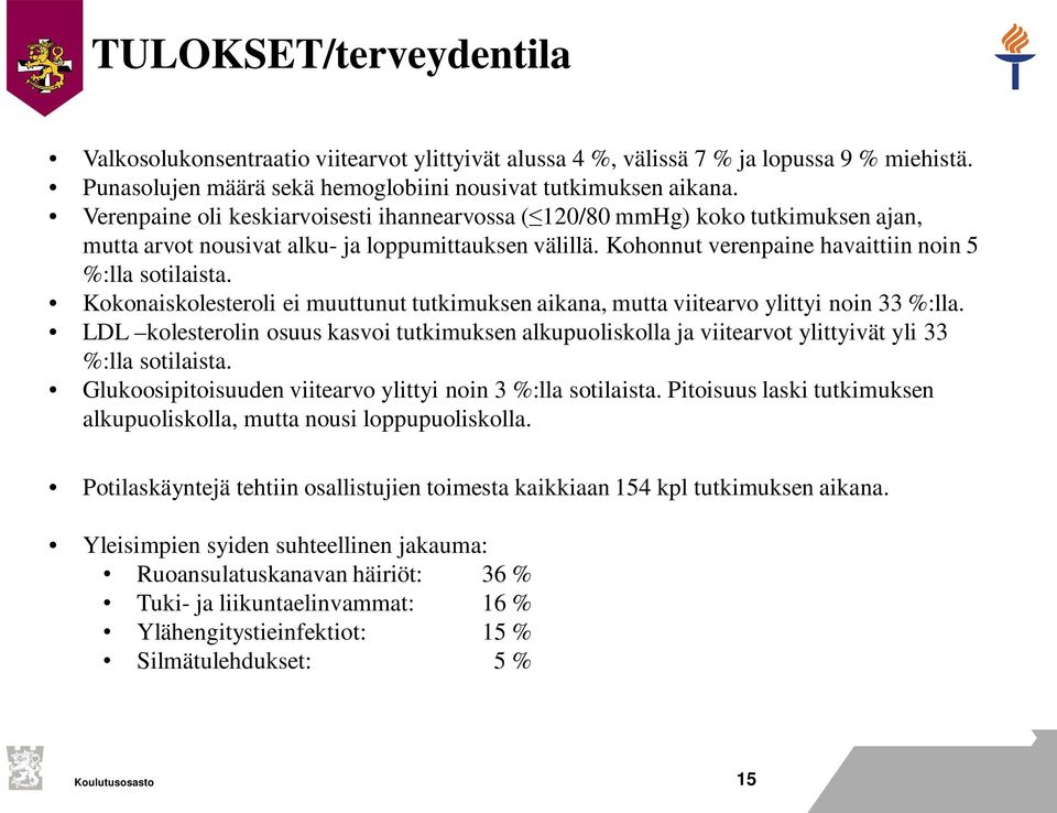 Kokonaiskolesteroli ei muuttunut tutkimuksen aikana, mutta viitearvo ylittyi noin 33 %:lla. LDL kolesterolin osuus kasvoi tutkimuksen alkupuoliskolla ja viitearvot ylittyivät yli 33 %:lla sotilaista.