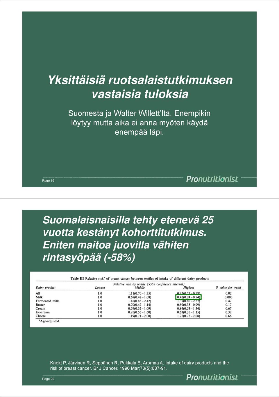 Page 19 Suomalaisnaisilla tehty etenevä 25 vuotta kestänyt kohorttitutkimus.