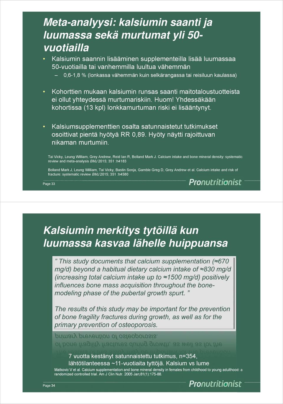 Yhdessäkään kohortissa (13 kpl) lonkkamurtuman riski ei lisääntynyt. Kalsiumsupplementtien osalta satunnaistetut tutkimukset osoittivat pientä hyötyä RR 0,89.