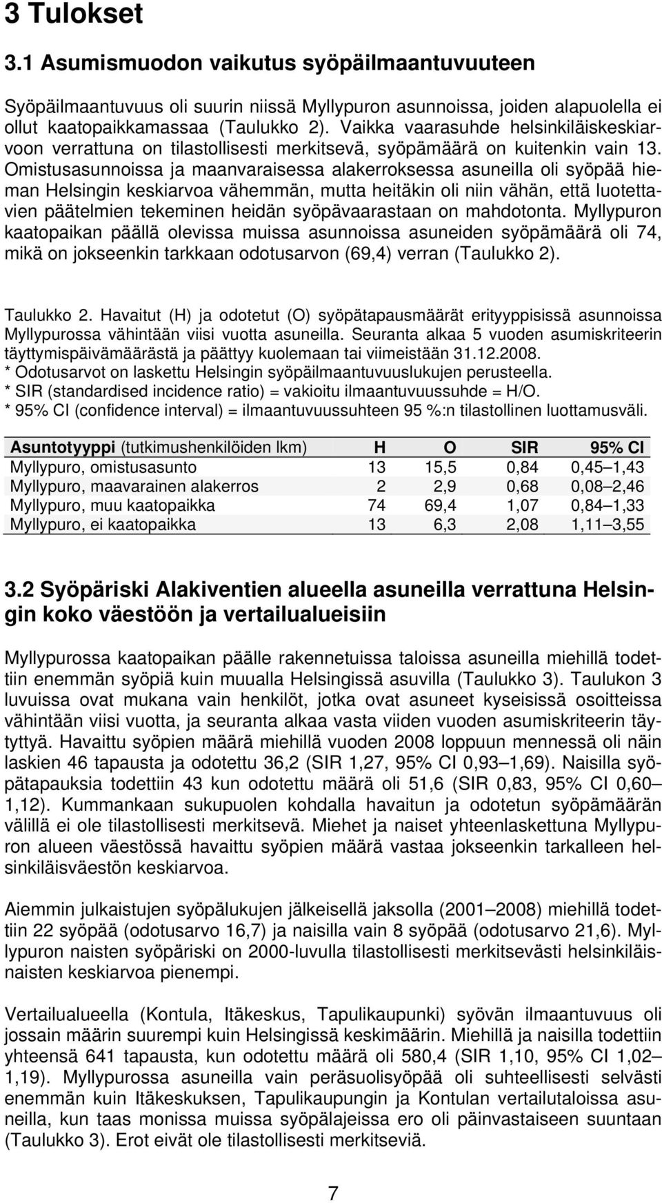 Omistusasunnoissa ja maanvaraisessa alakerroksessa asuneilla oli syöpää hieman Helsingin keskiarvoa vähemmän, mutta heitäkin oli niin vähän, että luotettavien päätelmien tekeminen heidän
