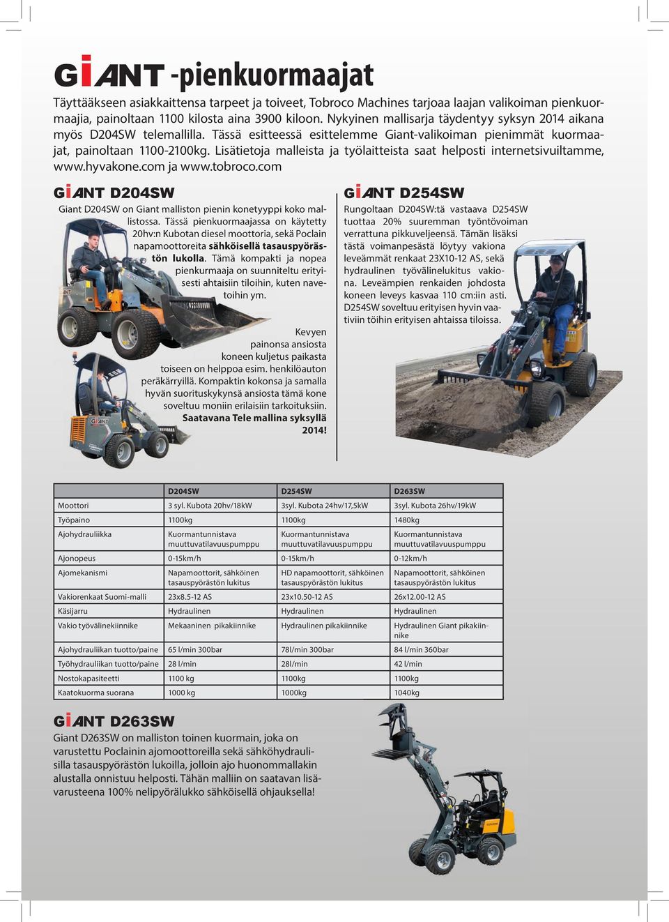 Lisätietoja malleista ja työlaitteista saat helposti internetsivuiltamme, www.hyvakone.com ja www.tobroco.com GiANT D204SW Giant D204SW on Giant malliston pienin konetyyppi koko mal- listossa.