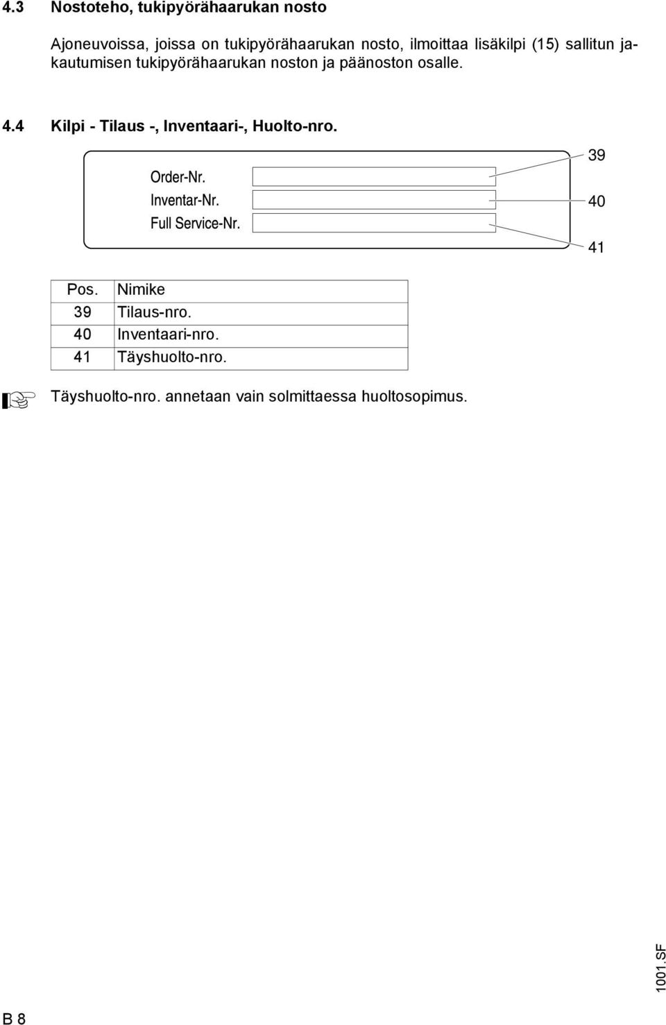 osalle. 4.4 Kilpi - Tilaus -, Inventaari-, Huolto-nro. 39 40 41 Pos. Nimike 39 Tilaus-nro.