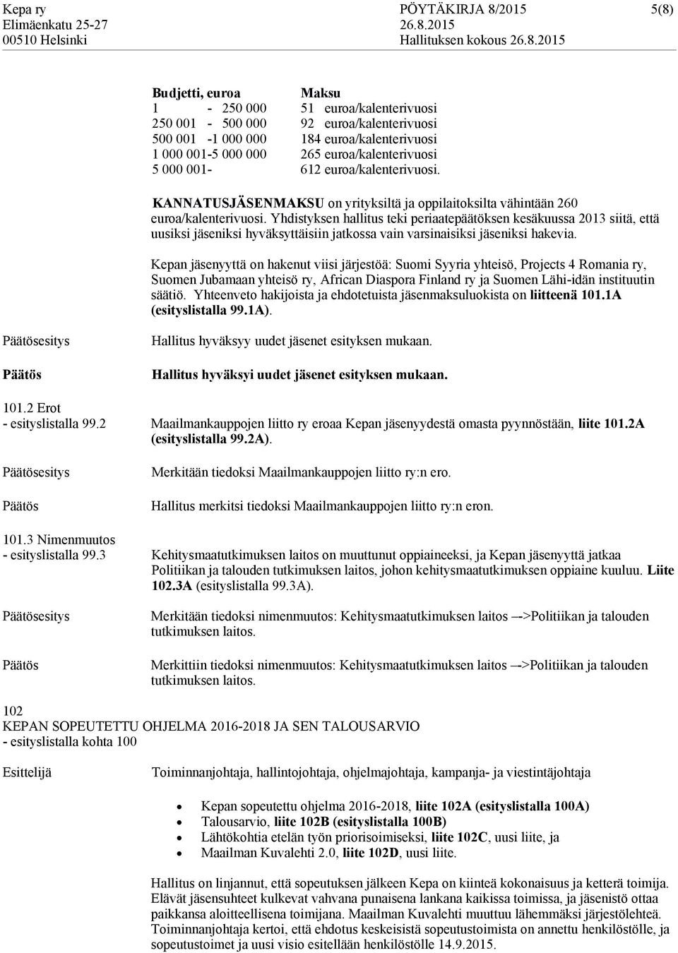 Yhdistyksen hallitus teki periaatepäätöksen kesäkuussa 2013 siitä, että uusiksi jäseniksi hyväksyttäisiin jatkossa vain varsinaisiksi jäseniksi hakevia.