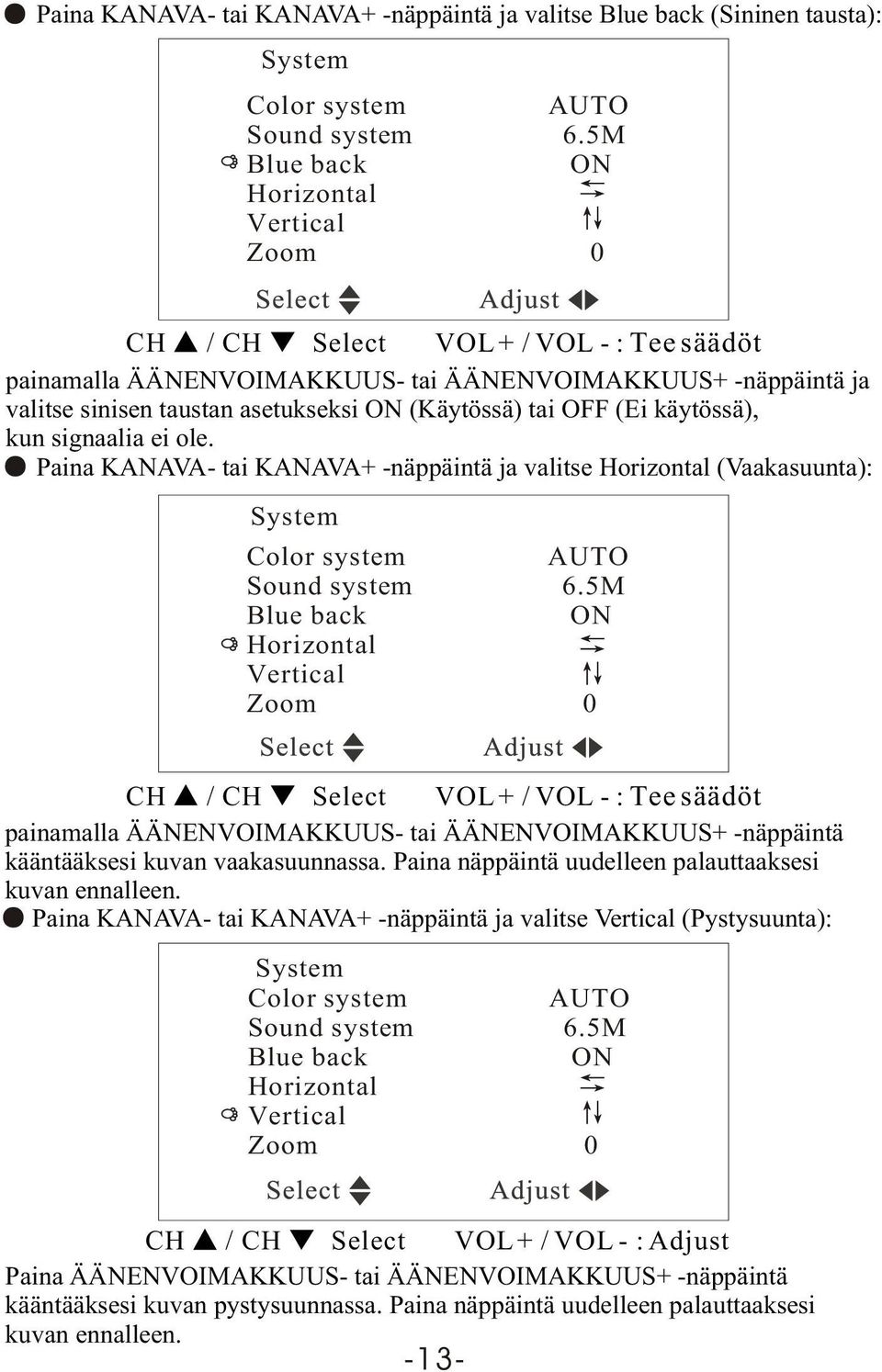 tai OFF (Ei käytössä), kun signaalia ei ole. Paina KANAVA- tai KANAVA+ -näppäintä ja valitse Horizontal (Vaakasuunta): System Color system AUTO Sound system 6.