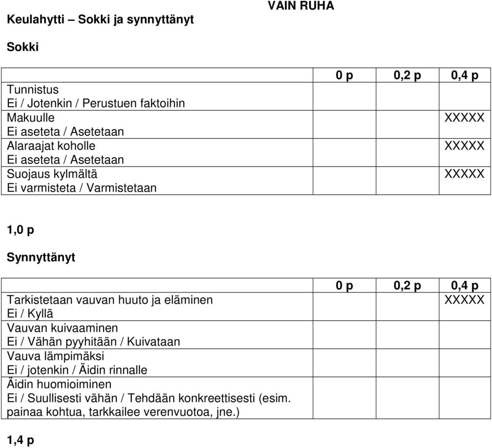 Tarkistetaan vauvan huuto ja eläminen Ei / Kyllä Vauvan kuivaaminen Ei / Vähän pyyhitään / Kuivataan Vauva lämpimäksi Ei / jotenkin / Äidin