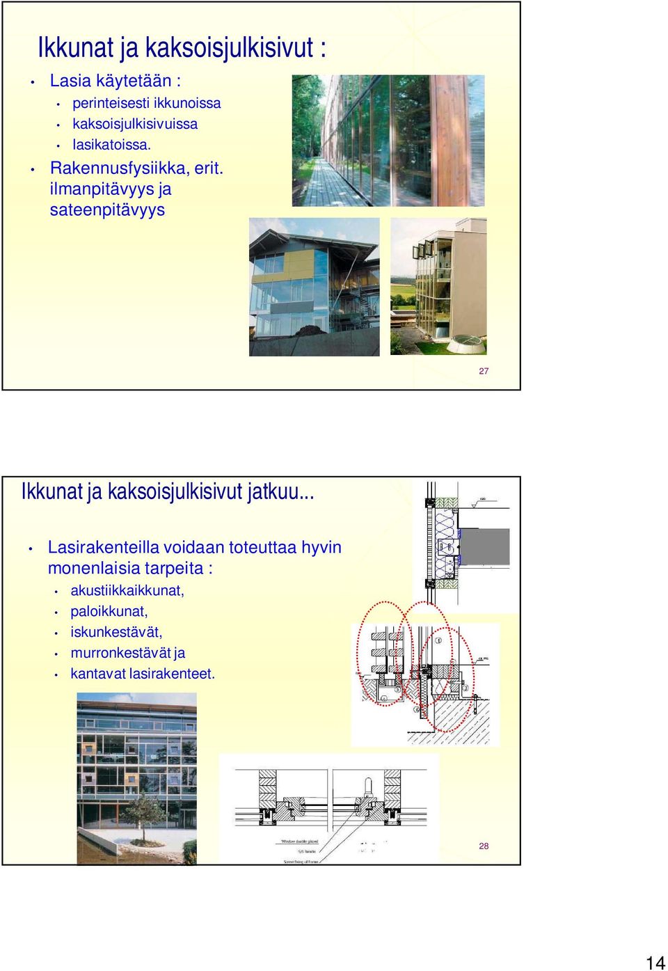 ilmanpitävyys ja sateenpitävyys 27 Ikkunat ja kaksoisjulkisivut jatkuu.